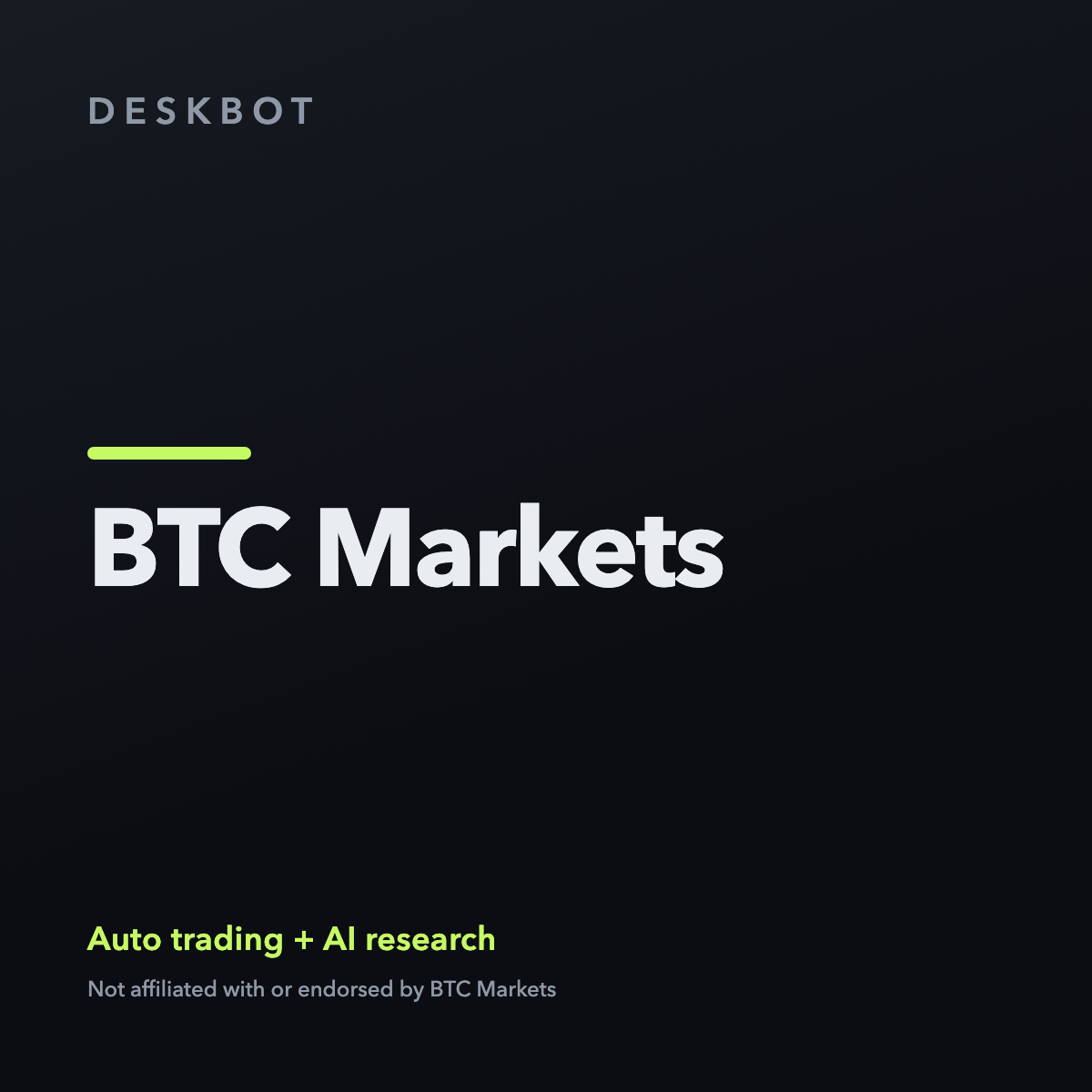 BTC Markets logo on the DeskBot auto trading bot product tile